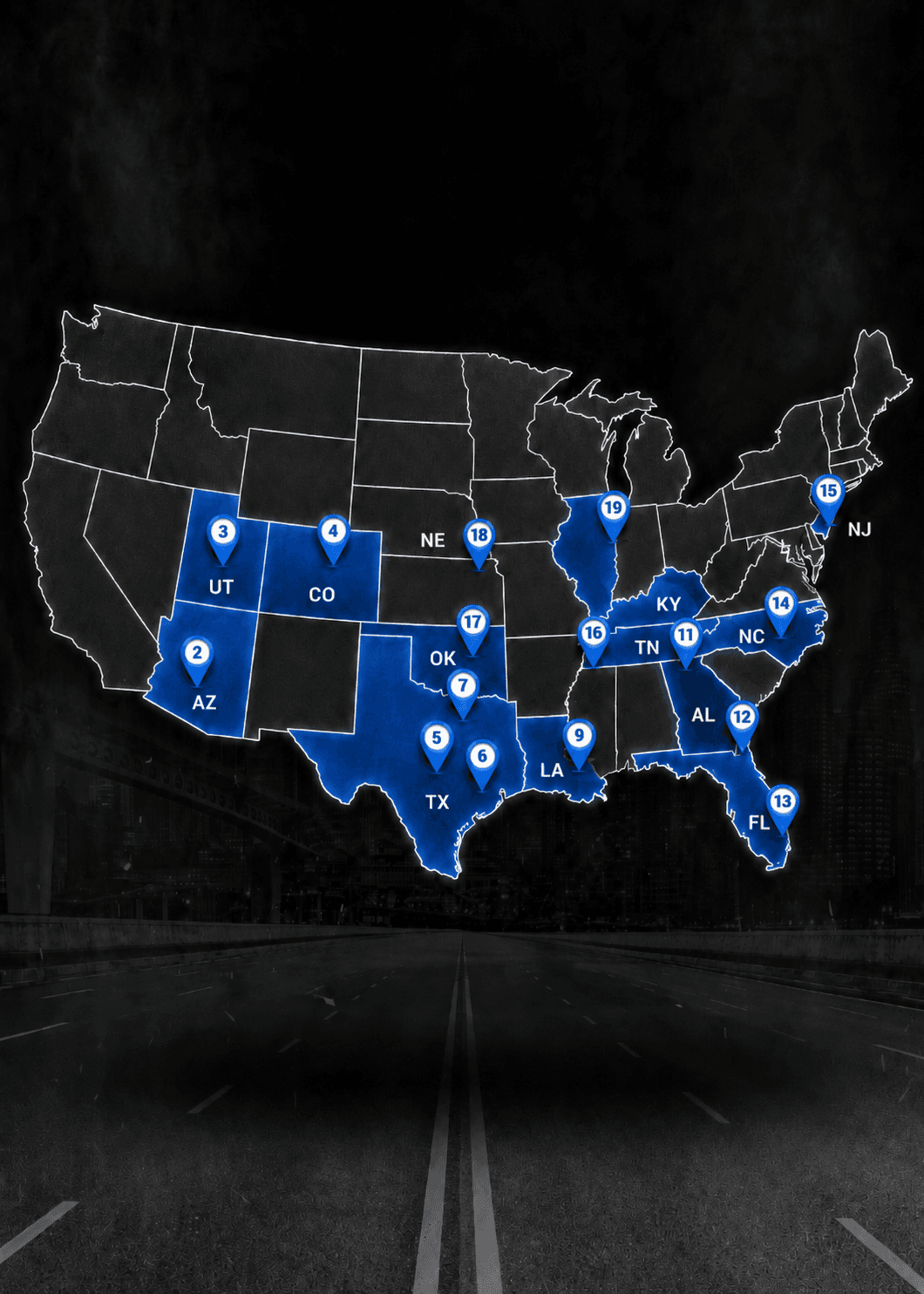 Map of the United States highlighting the states Texas Star Trailers operates in