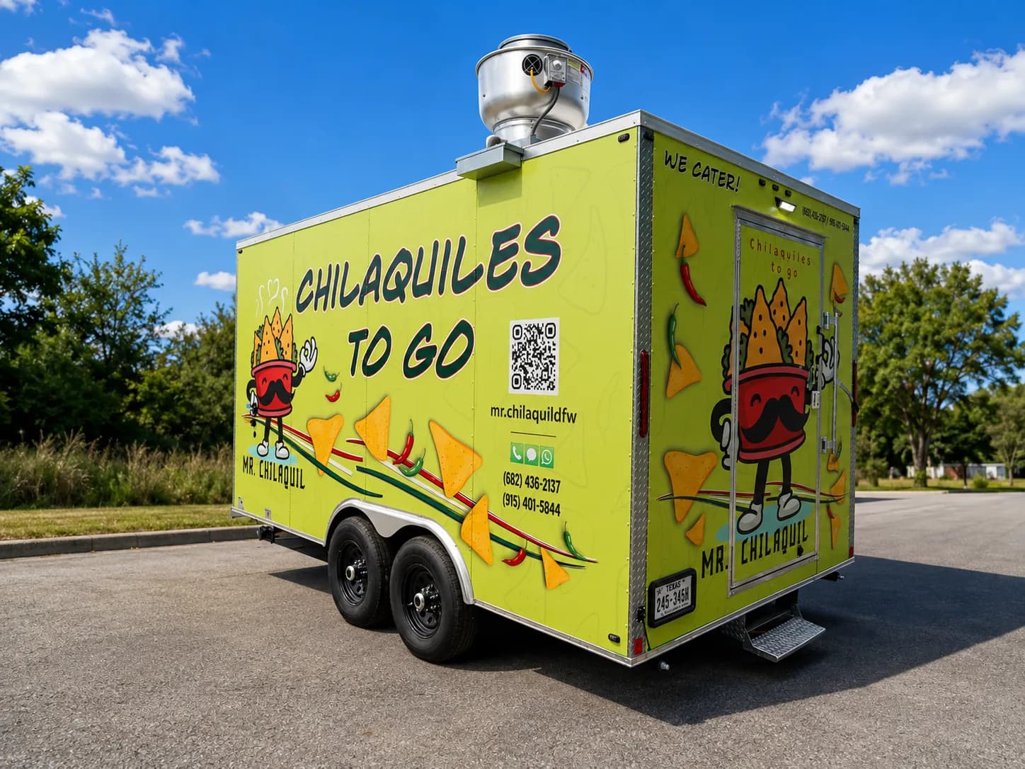 Full side view of the Mr. Chilaquil trailer wrap with large lettering and QR code