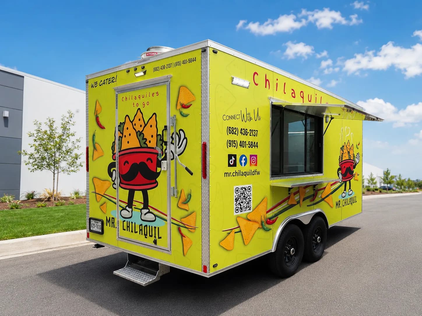 Lime-green wrapped food trailer for Mr. Chilaquil, with illustrated mascot and service window