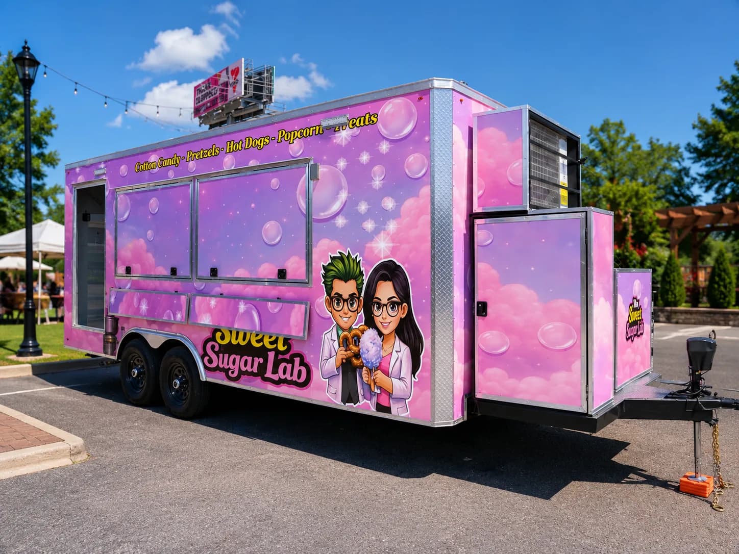 Pink wrapped dessert trailer for Sweet Sugar Lab, with cotton candy artwork
