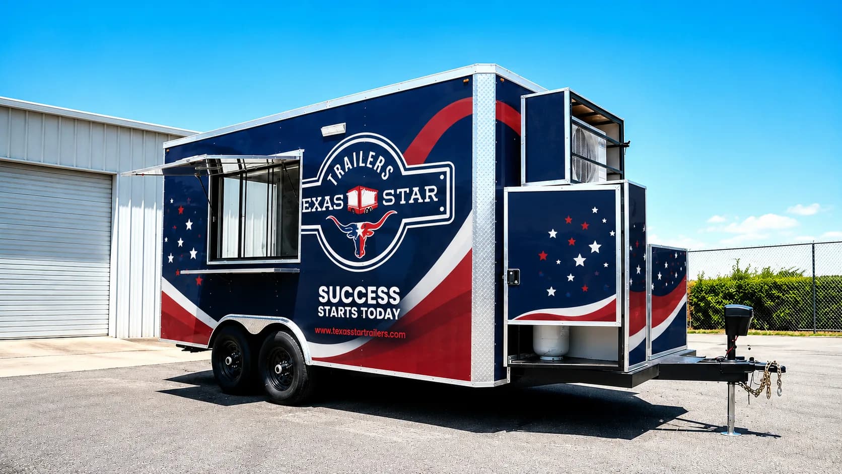 Navy and red Texas Star Trailers demo unit wrapped with the brand logo