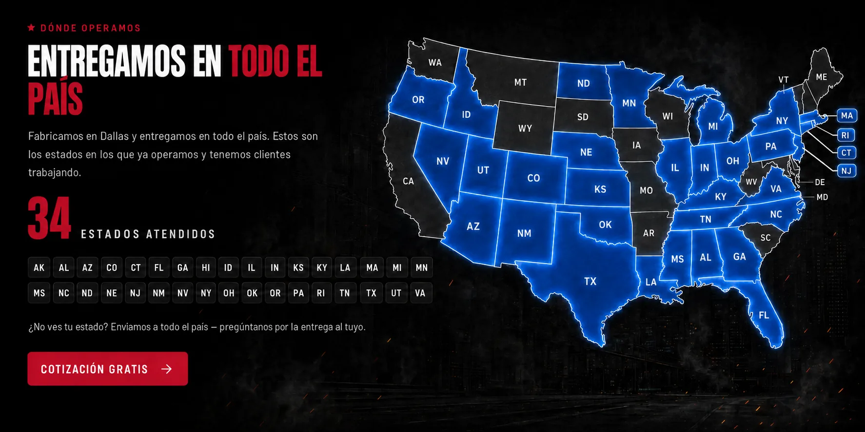 Map of the United States highlighting the states Texas Star Trailers operates in